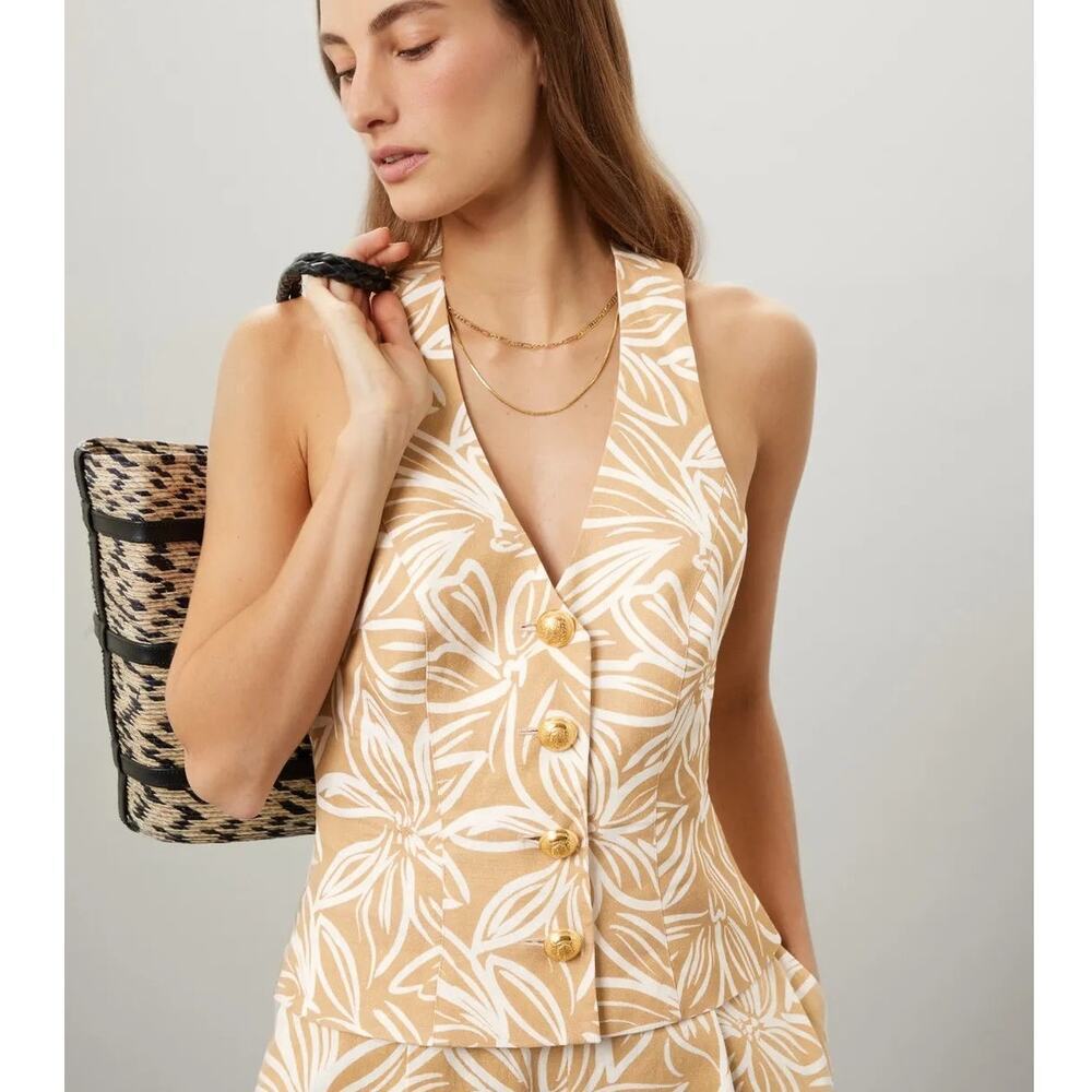 Toccin Halter Top Floral Print Sleeveless V-Neck Button Front Brown & White 6
